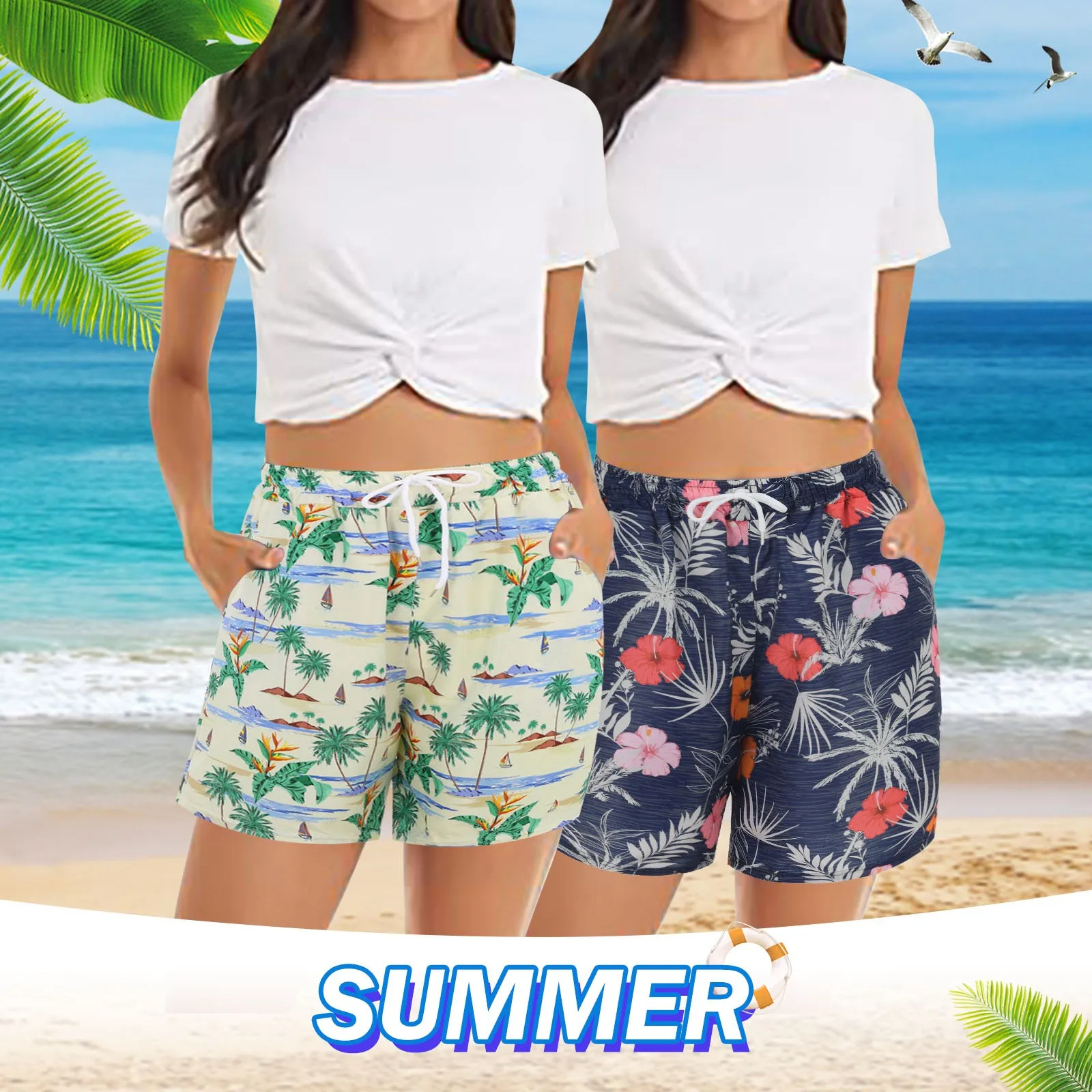 Coconut Tree Women\'s Printed Board Shorts Swim Trunks Pocket Summer New Comfort Breathable Short Hawaiian Style Holiday Beach