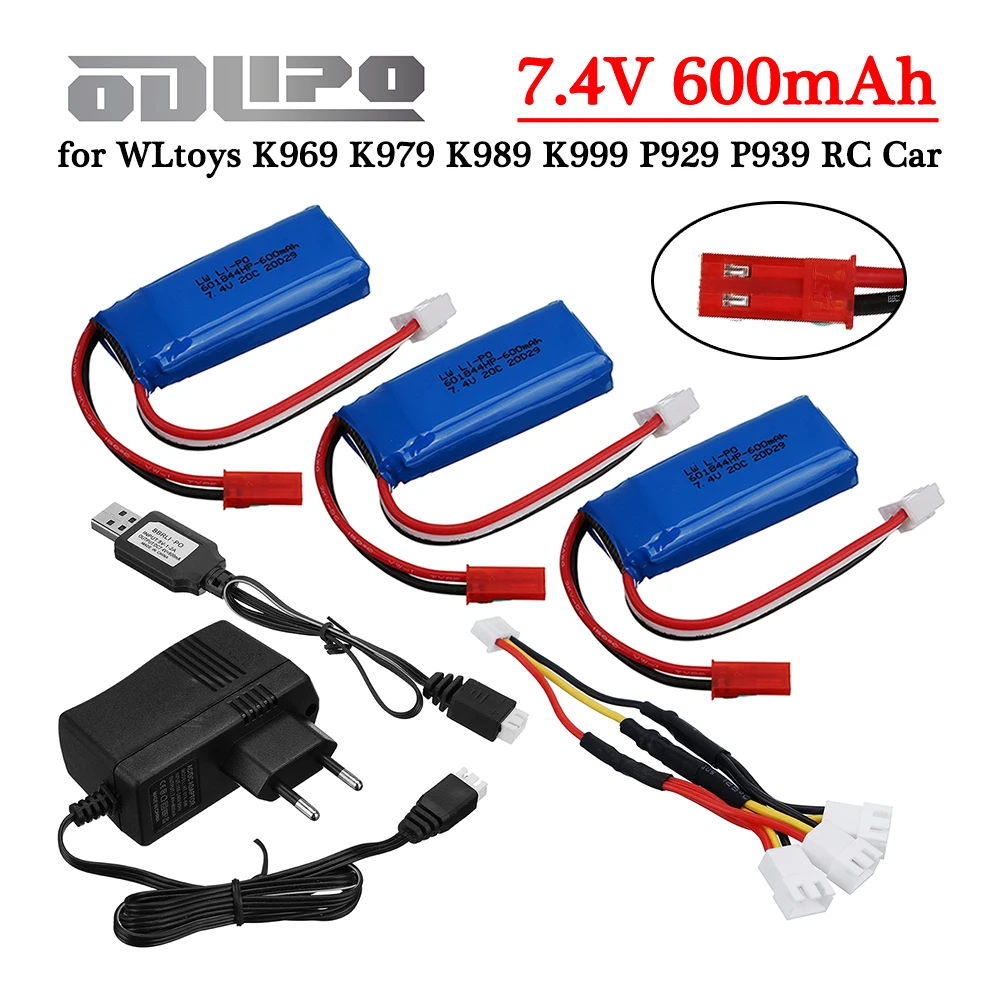 7.4V 600mAh Lipo Battery and 7.4V Charger Sets for WLtoys K969 K979 K989 K999 P929 P939 RC Electric Toys Car Truck Spare Battery