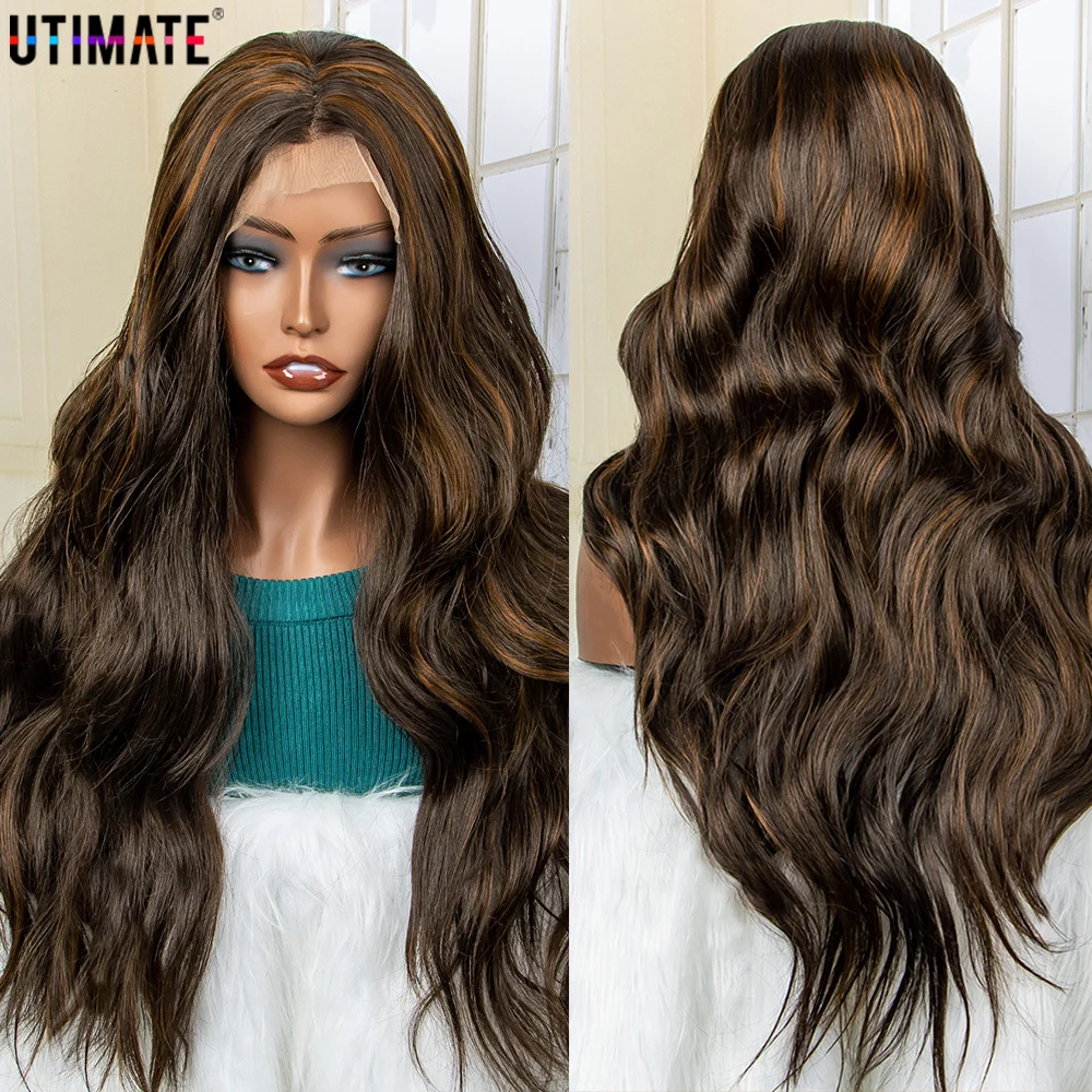 T Lace Front Synthetic Wigs 350 Highlight Brown Wig for Women Body Wave Long Hair Wig Synthetic Hair Lace Wig Ladies