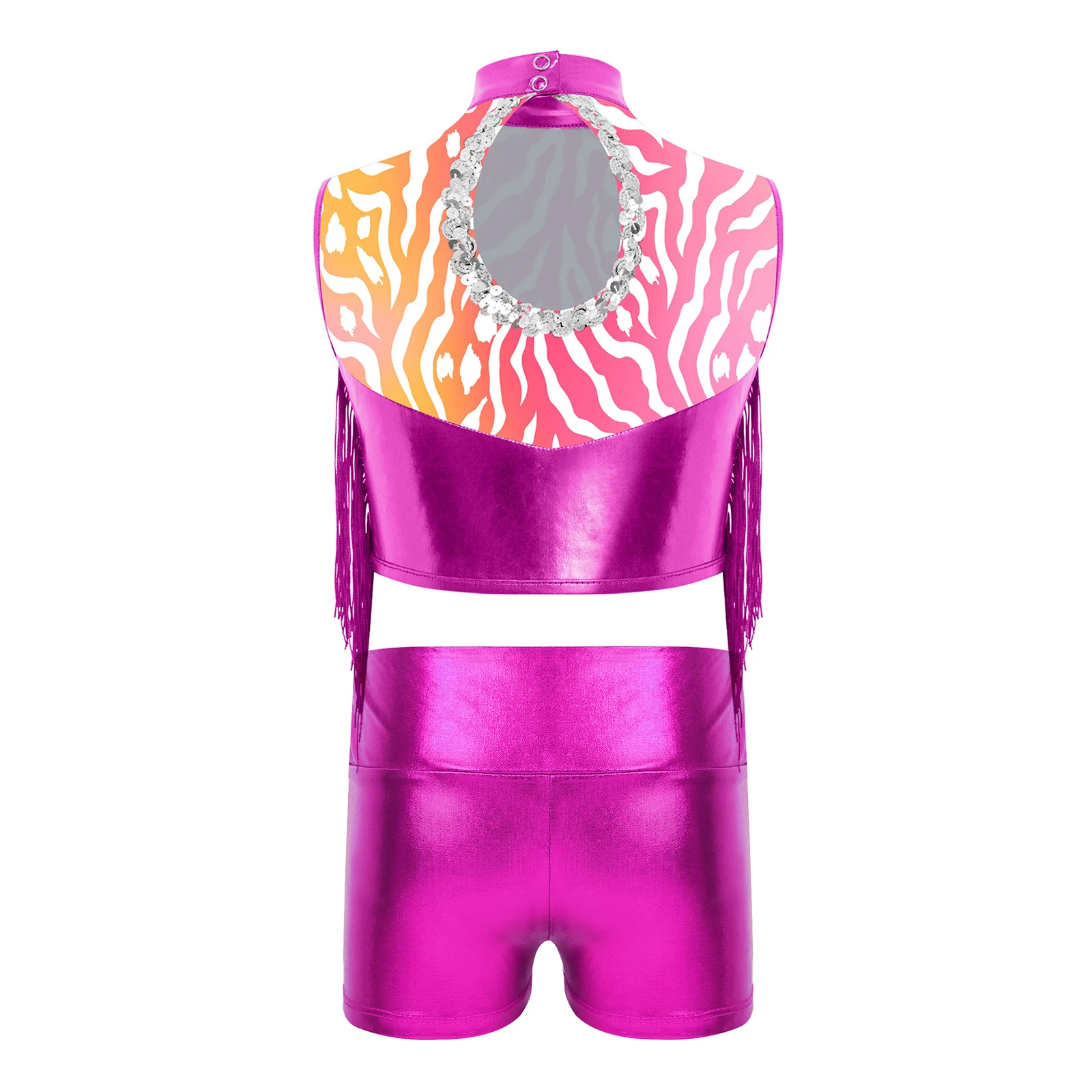 Kids Girls Jazz Dance Ballet Gymnastic Costume Metallic Sleeveless Tassel Crop Top with Shiny Shorts Stage Performance Dancewear