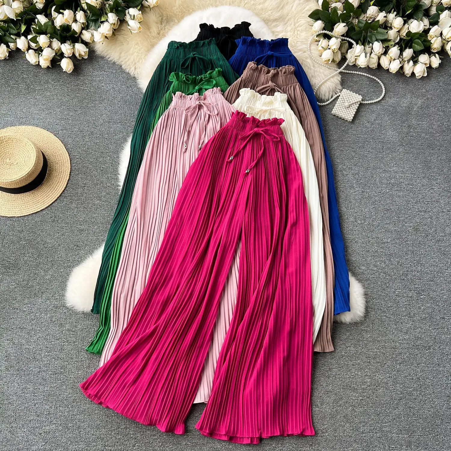 Women Long Pants Wide Leg Pant Solid Loose Casual Lace Up Tight High Waist Capris Regular Pleated Trousers Summer 2025