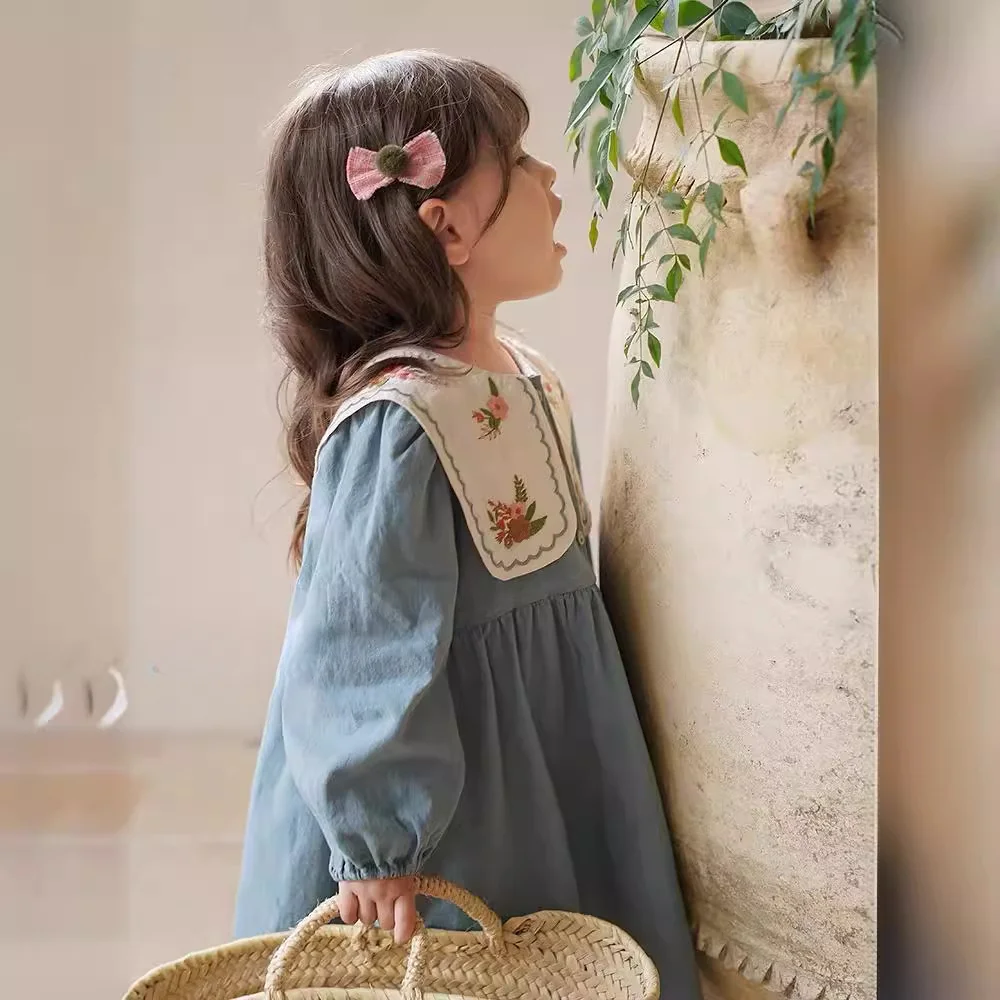 2024 primavera e autunno ragazze vestito ricamato vestito da principessa di moda carino ricamato con risvolto francese per bambini medi