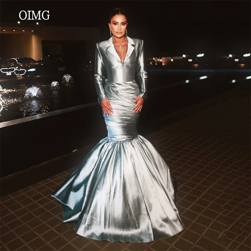 

OIMG Graceful V Neck Mermaid Prom Gowns Long Sleeves Pleated Party Gown Floor Length Arab Formal Evening Dress Customized