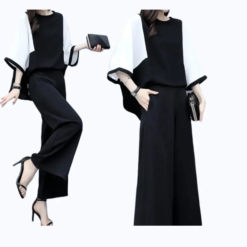 

Women's Set Round Neck Loose Patchwork Tops High Waist Wide Leg Pants Two-piece Set Thin Comfort Casaul Spring/summer