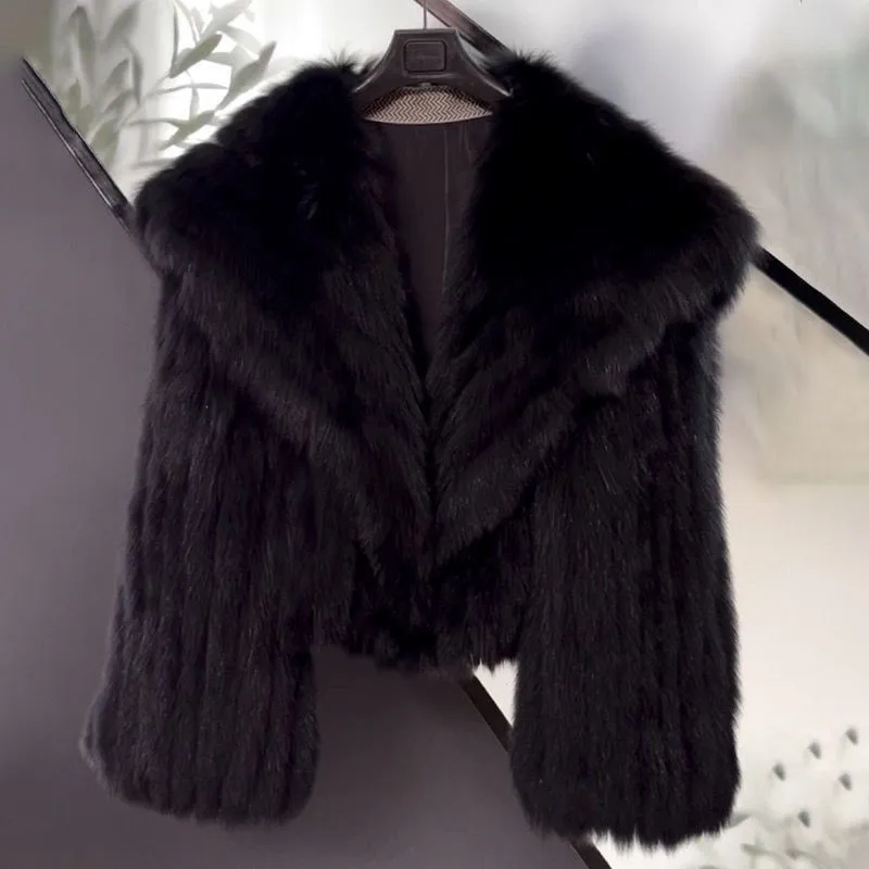 Faux Fox Fur Jacket Coat for Women Winter Warm Lapel Woven Fur Fluffy Jacket Short Top Fashion Short Loose Wool Jackets for Lady