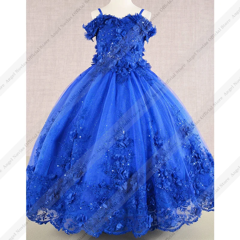 

Royal Blue Princess Pageant Dress 3d Lace Birthday Gown Kids Appliques Lace Flower Girl Dress Customized Wedding Party
