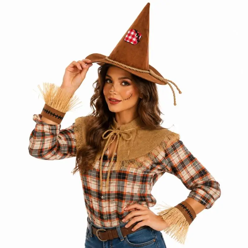 Halloween Scarecrow Hat Headband And Straw Wrist Cuffs Set Retro Decor Kit Brown Patch Wizard Hat For Halloween Cosplay Outfit