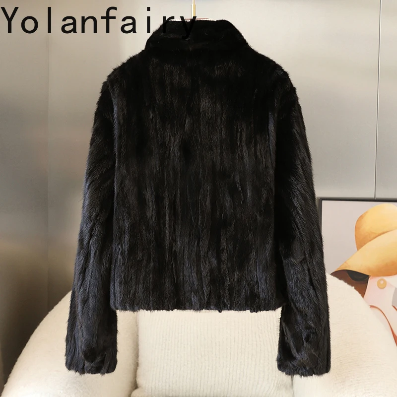 YOLANFAIRY جديد جودة عالية الربط قطع من سترات فرو المنك للمرأة دعوى طوق كم طويل معطف الفرو الحقيقي سترة قصيرة الفراء