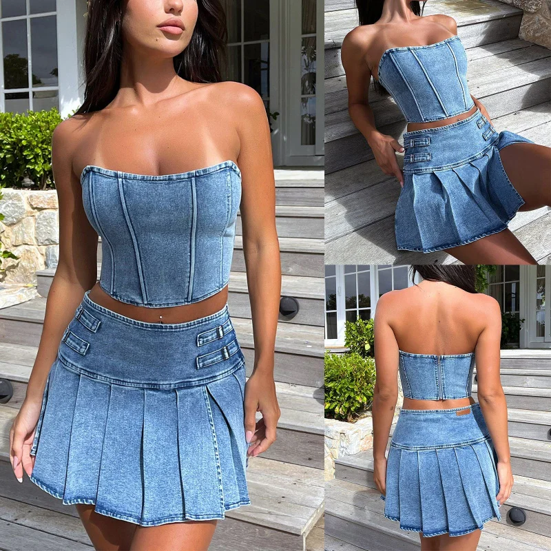 Summer Tube Top Denim Suit Sleeveless Hot Girl Sexy Bare Midriff High Waist Split Skirt NewSU3289