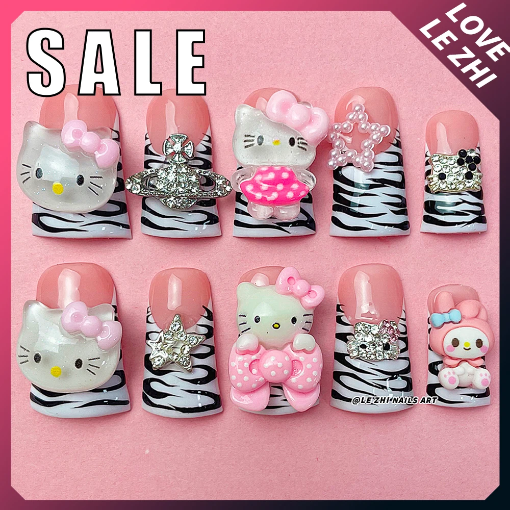 

Spice Girl Sanrio Hello Kitty My Melody Duck-Bill French Artifical Full Cover Nail Sweet Cool 3D Bow Zebra-Stripe Nail Promotion