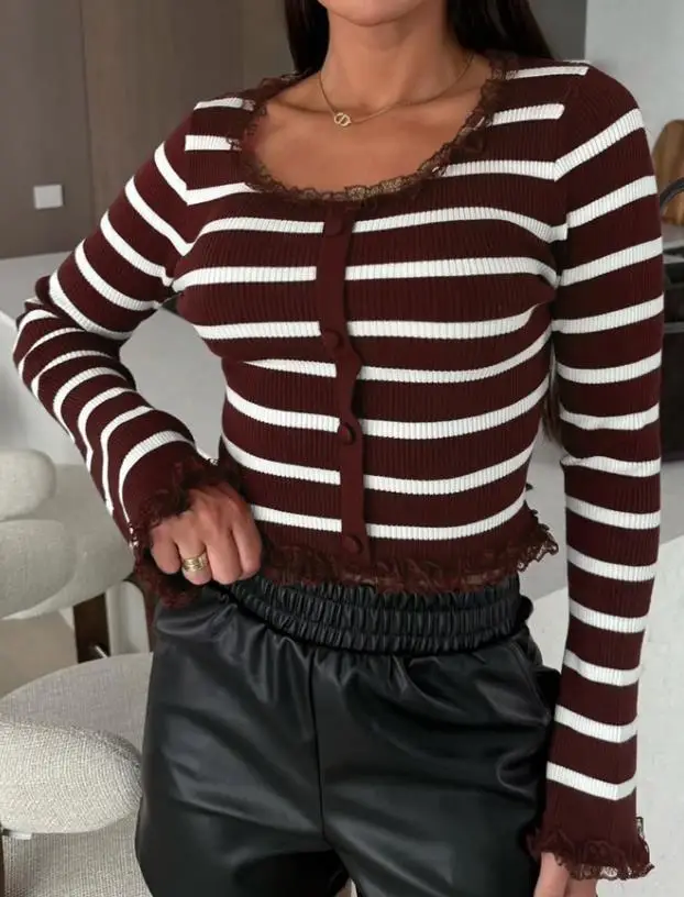 

Spring 2026 Striped Woolen Top for Women Fashion Spicy Girl Trendy Patterned Knitwear Casual Chic Outfit