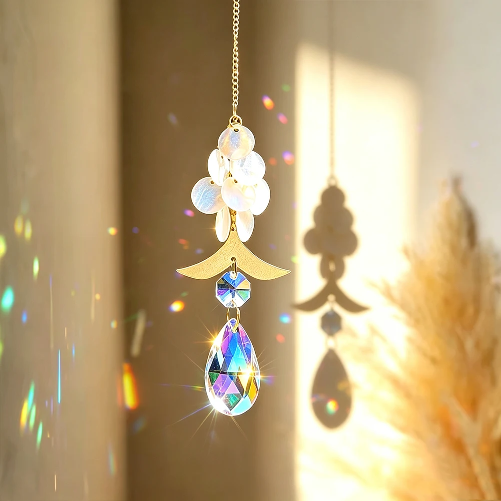 Ocean Seashell Suncatcher Mermaid Fish Tail Hanging Teardrop Crystal Prism Rainbow Maker Sun Lover Car Pendant Boho Window Decor