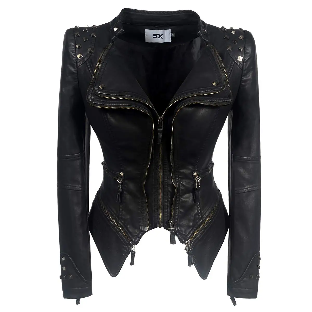 New Autumn Women Pu Faux Leather Jacket Studs Motorcycle Biker Coat Serpentine Lapel Rivet Slim Streetwear Black Punk Outerwear