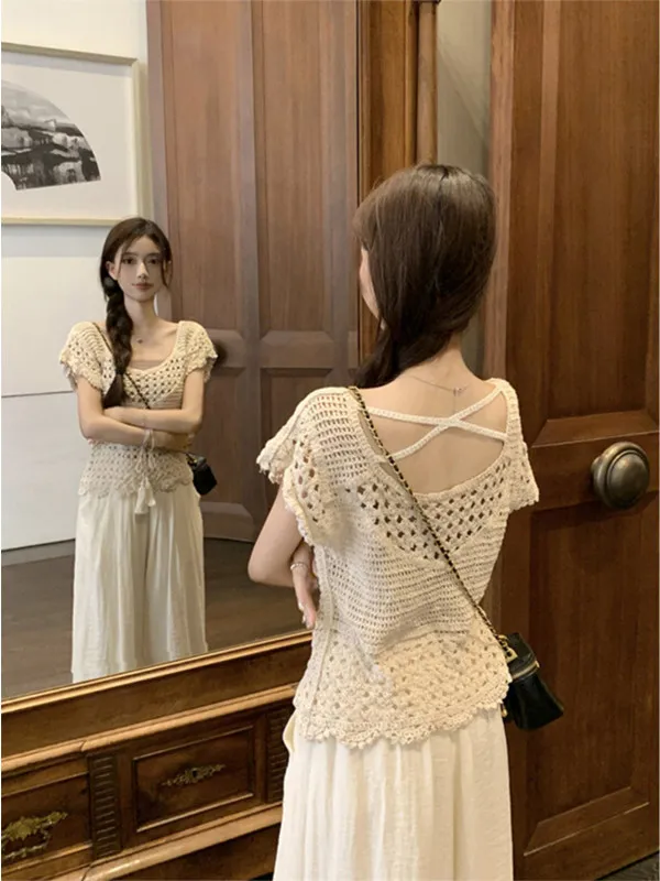

Korean Style Hollow out Short Sleeve Knitted Top Women's Summer Design Unique Layering Chic Small Flying Sleeve Shirt