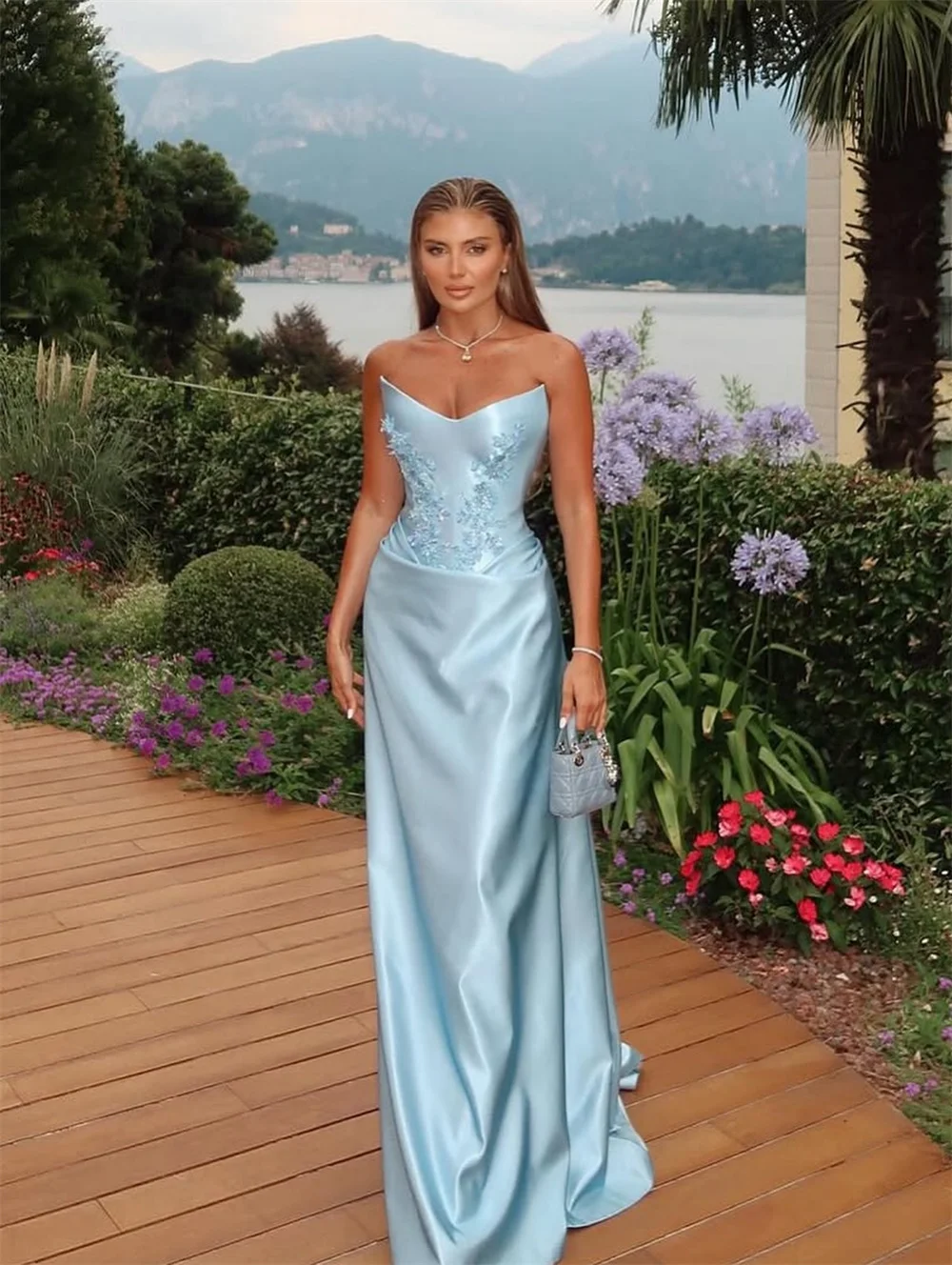 كاثي مخصص السماء الزرقاء الزهور غمد فساتين لحضور الحفلات الموسيقية بدون حمالات بلا أكمام vestidos de noiva الطيات طول الأرض مساء رسمي
