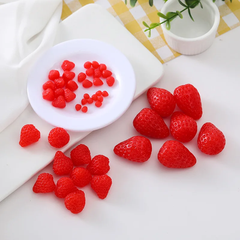 Fruta de simulación 3D, cereza falsa, fresa, resina, arte en miniatura, cabujón, artesanía decorativa Diy, álbum de recortes, 50 unidades por lote