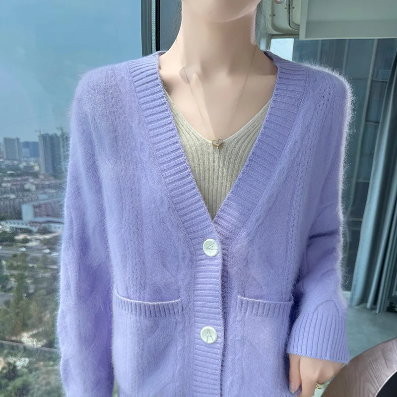 100% Pure Mink Cashmere Knit Cardigan Women V-Neck Loose Jacquard Coat Fashion Twist Long-Sleeved Blouse Animal Hair Joker Shirt