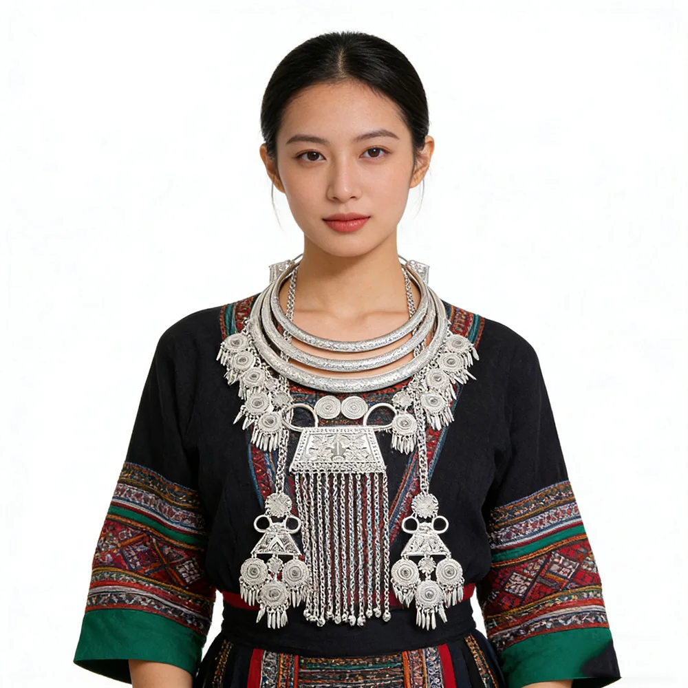 

Traditional Miao Silver Love Heart Pendant Necklace Hmong Wedding Jewelry Ethnic Choker Drop Oil Tassel Female Accessory Gift