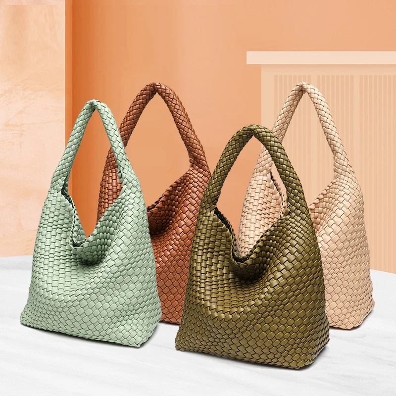

2025 Fashion Soft Hobo Weave Shoulder Handbag With Insert Organizer Woven Vegan Leather Top-handle Tote All-Match Underarm Bag