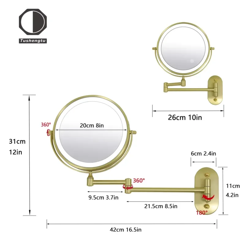 8-Inch Modern LED Makeup Mirror Wall-mounted 10x magnification 360-degree rotation Smart lighting Double arm telescopic hotel