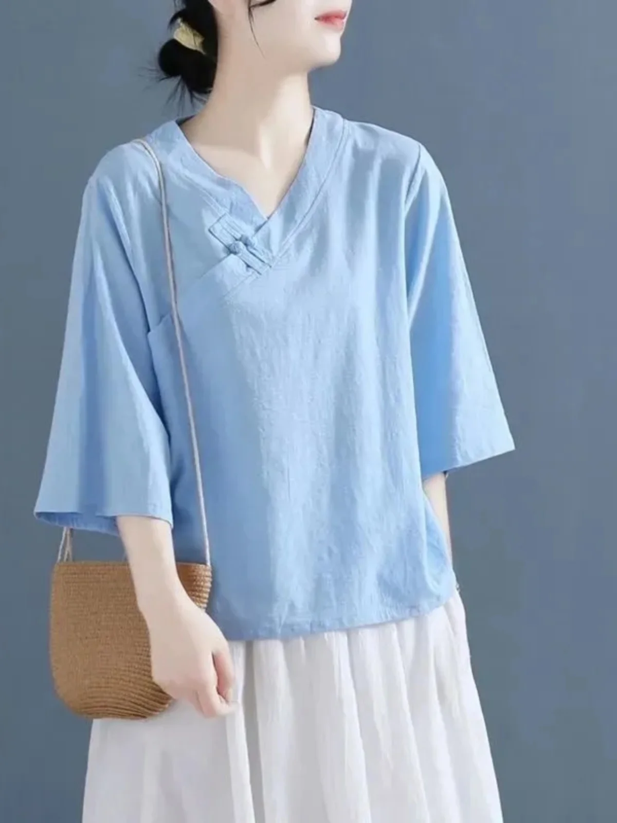 Losse Katoenen Linnen Dames T-shirt V-ne Vijfkwart Sve Vintage Zen Sle Thee Kleding Button Up Zomer Nieuwe Collectie