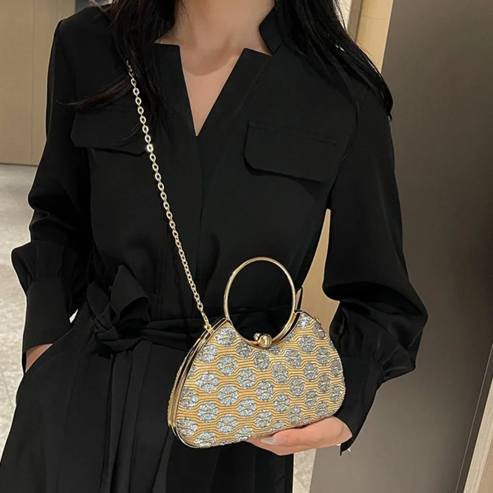 

Casual Metal Top Handle Evening Banquet Bag Shiny Sequin Box Shoulder Bag Large Capacity Glitter Ladies Clutch Bag Women