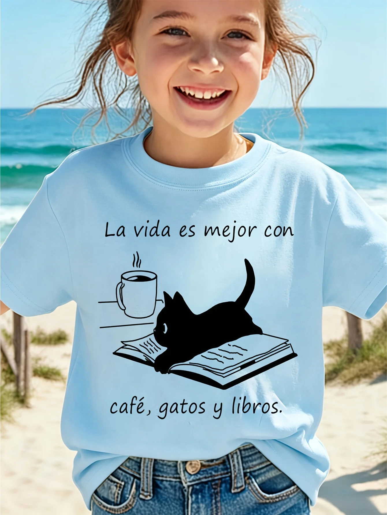 Spanish Quote Cat Coffee Book Kids Tee Black Cat Reading Graphic Boys Girls Short Sleeve Family Matching Soft Cotton Summer Tops