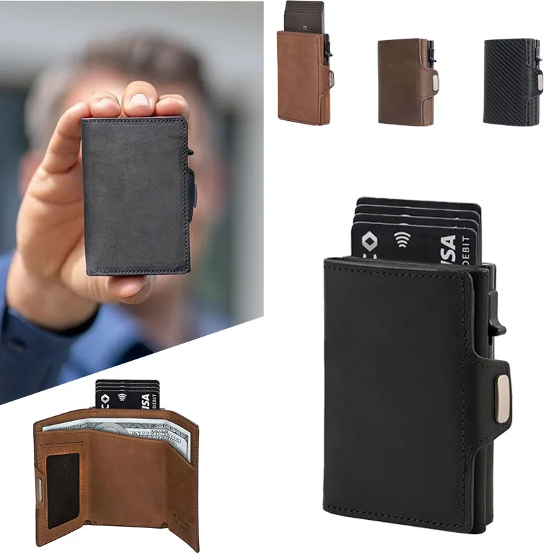Men's RFID Blocking Pop Up Card Holder Wallet Compact Aluminum Credit Card Case with Coin Pocket ID Window Quick Access