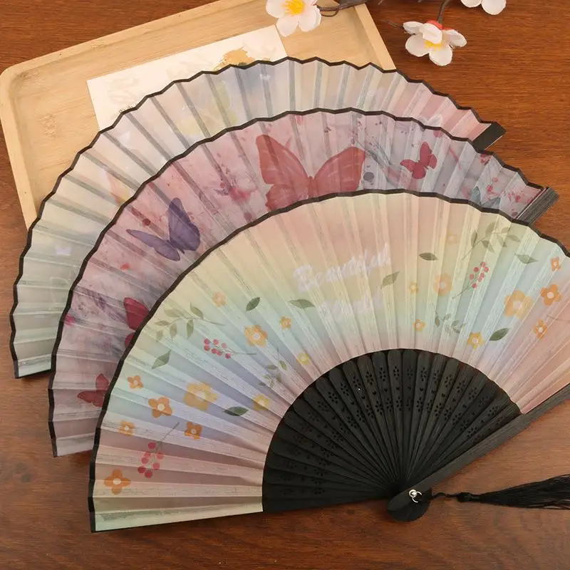 Colorful Butterfly Floral Folding Fan Chinese Style Hand Held Fan With Tassel For Wedding Dance Summer Cooling Home Decor