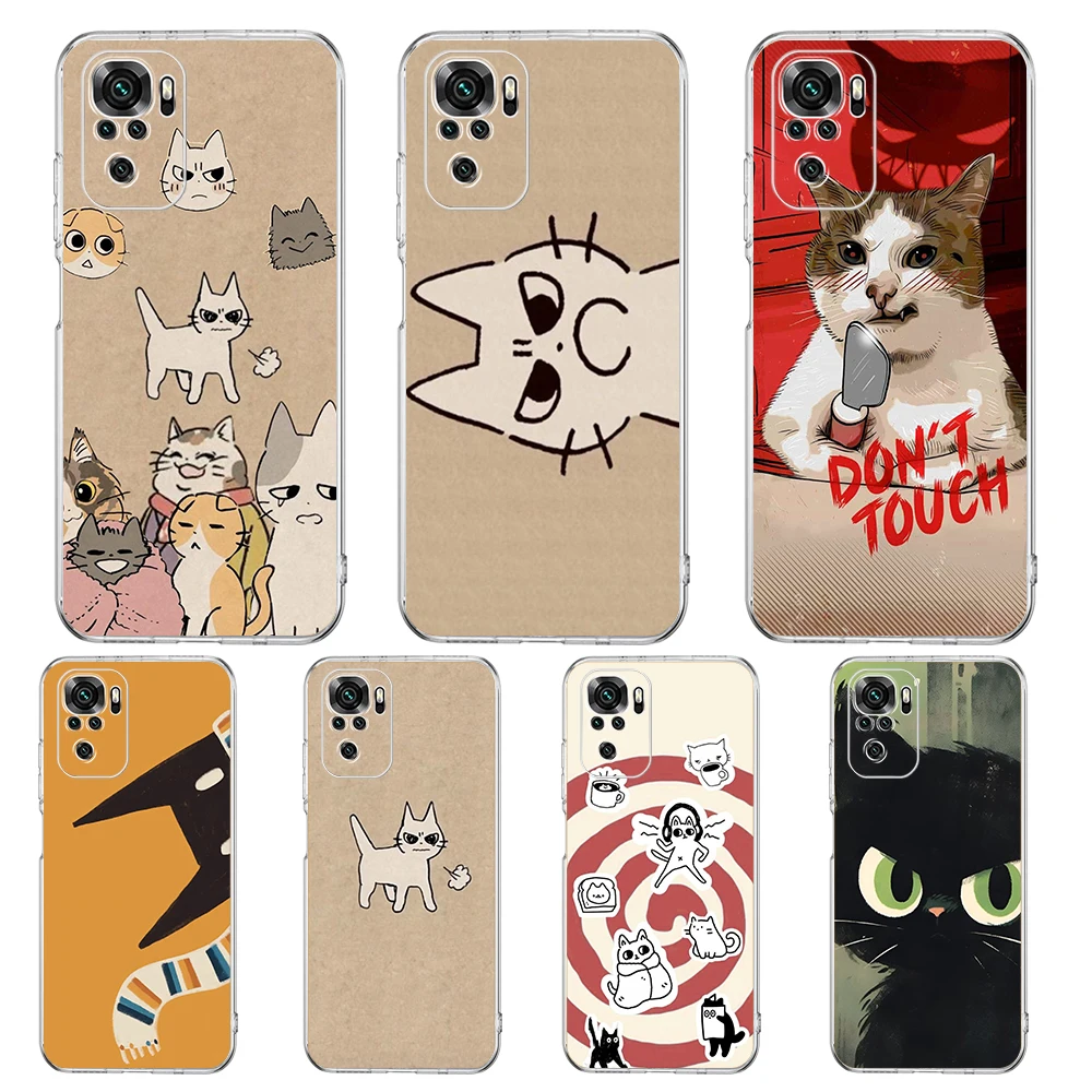 Doodle Angry Cat Transparent Phone Case for Redmi 13C 12C 10C Note 13 12 11 11T K40 Gaming Plus Pro 4G 5G Soft TPU Cover Shell