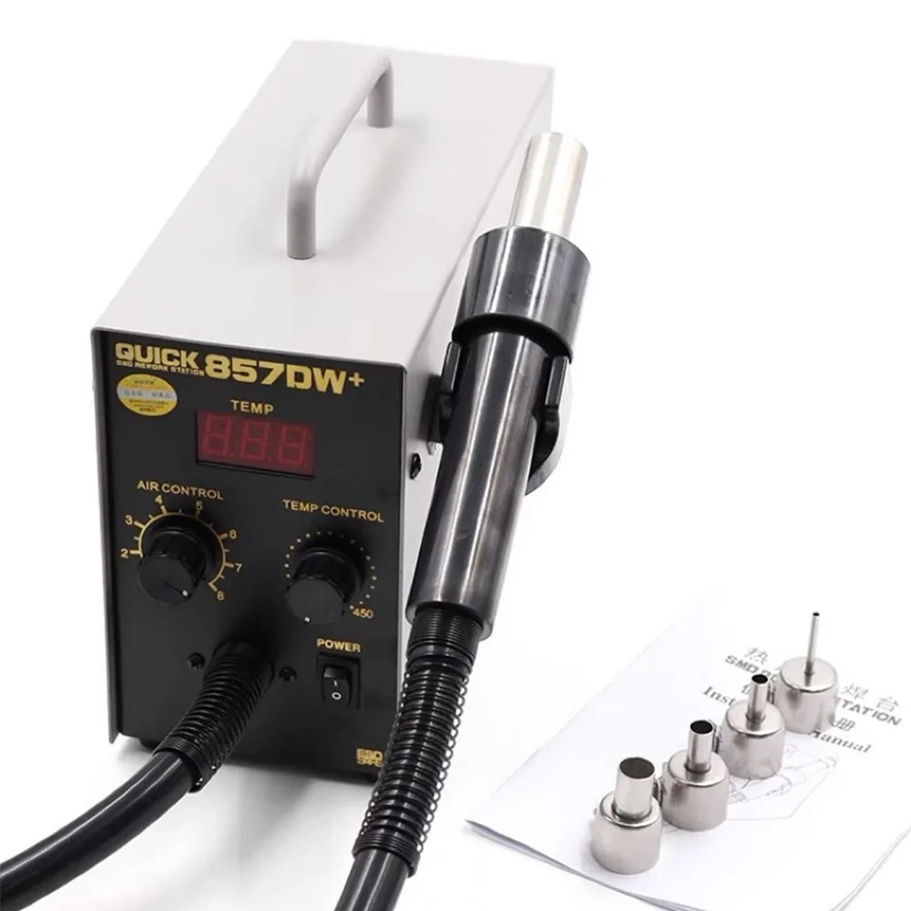 

QUICK 857DW+ Soldering Station Adjustable Hot Air Gun Station With Helical Wind 580W SMD Rework Station Heating Element