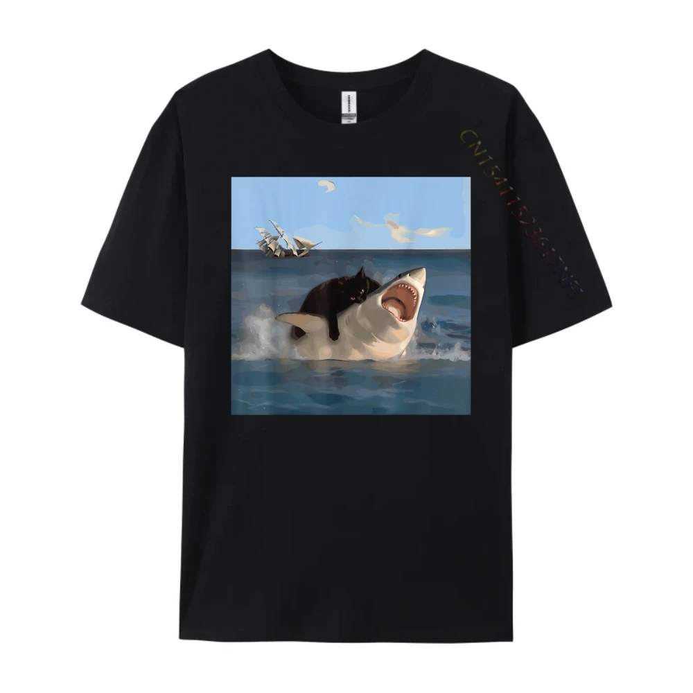 Cat Biting Shark Funny Art and Cat Lover Funny Cat and Shark Designer T Shirt Men SKIN-FRIENDLY Streetwear Men Camisa Leisure