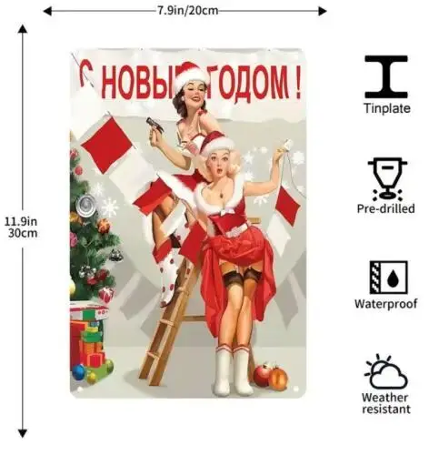 CHRISTMAS METAL TIN SIGN 2 SEXY PIN UP GIRLS DECORATING CHRISTMAS TREE -ART