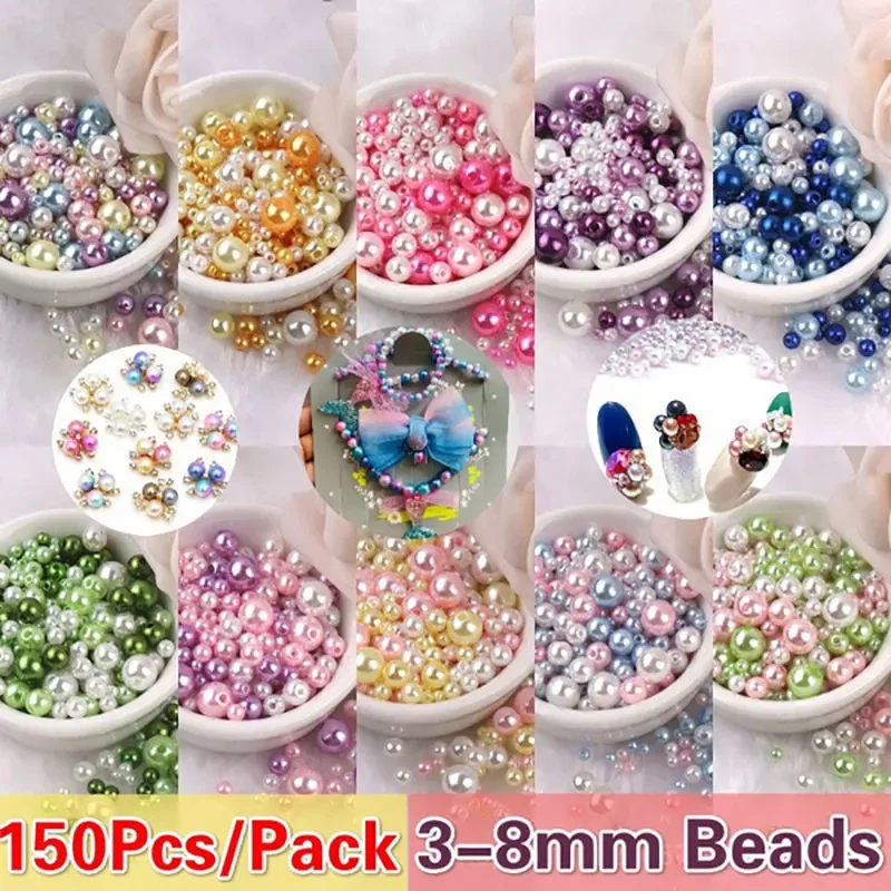 150Pcs/Pack Colorful Imitation Pearls Mix Size 3/4/5/6/8mm Beads with Hole Colorful Round Acrylic Pearl DIY Beads Making decor