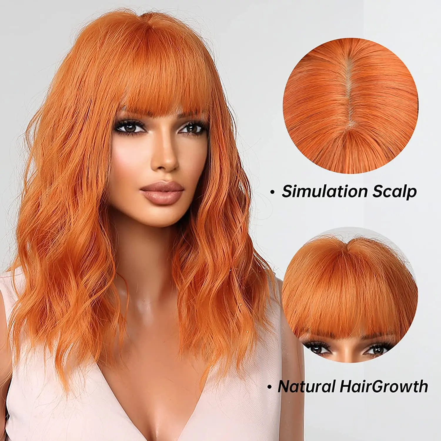 Perucas curtas de cabelo sintético encaracolado com Franja para mulheres, peruca de onda natural, resistente ao calor, festa afro cosplay, gengibre laranja e cobre