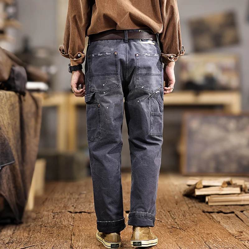 High Quality Autumn winter Splicing Contrasting Colors Men's Casual Wear Resistant Multi Pocket Straight Leg Work Pants