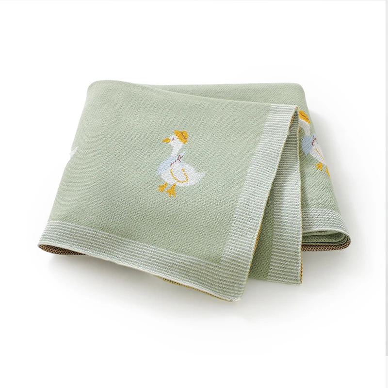 Neugeborenen-Babydecken aus Baumwolle, gestrickt, für Mädchen und Jungen, Bettdecke, 100 x 80 cm, Kinderwagen-Wickeldecke, niedliche Cartoon-Gans, kariert, superweich