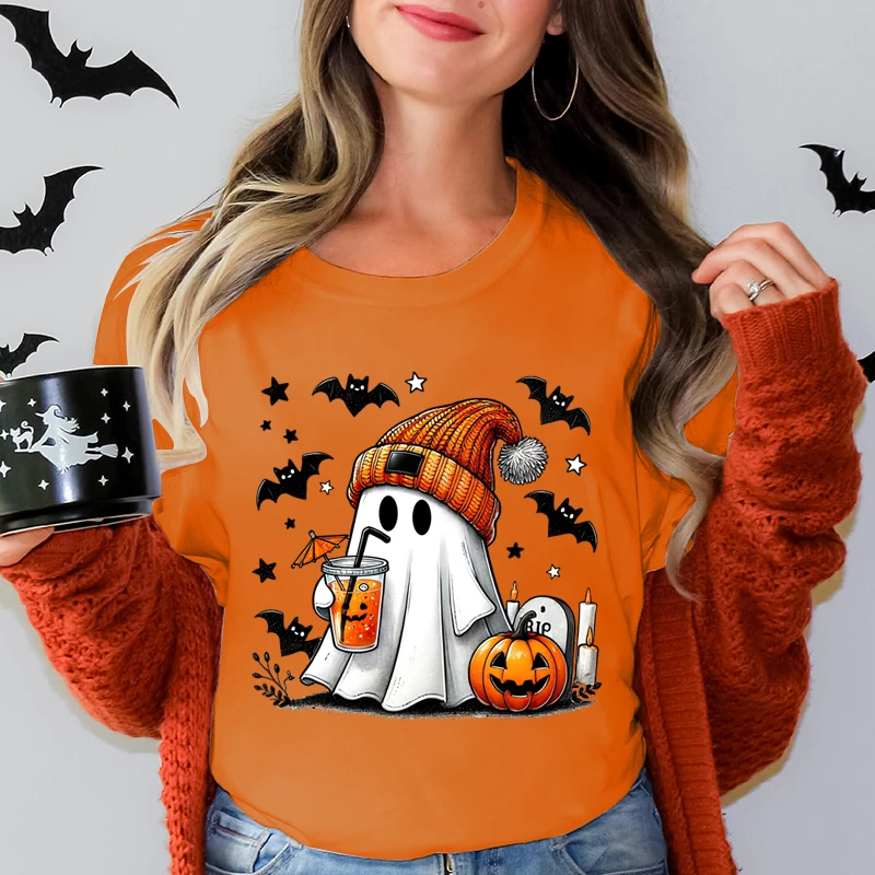 Halloween Ghost Pumpkin Bat Print Summer Casual T-shirts For Women O Neck Short-sleeved T-shirts Halloween T-shirt