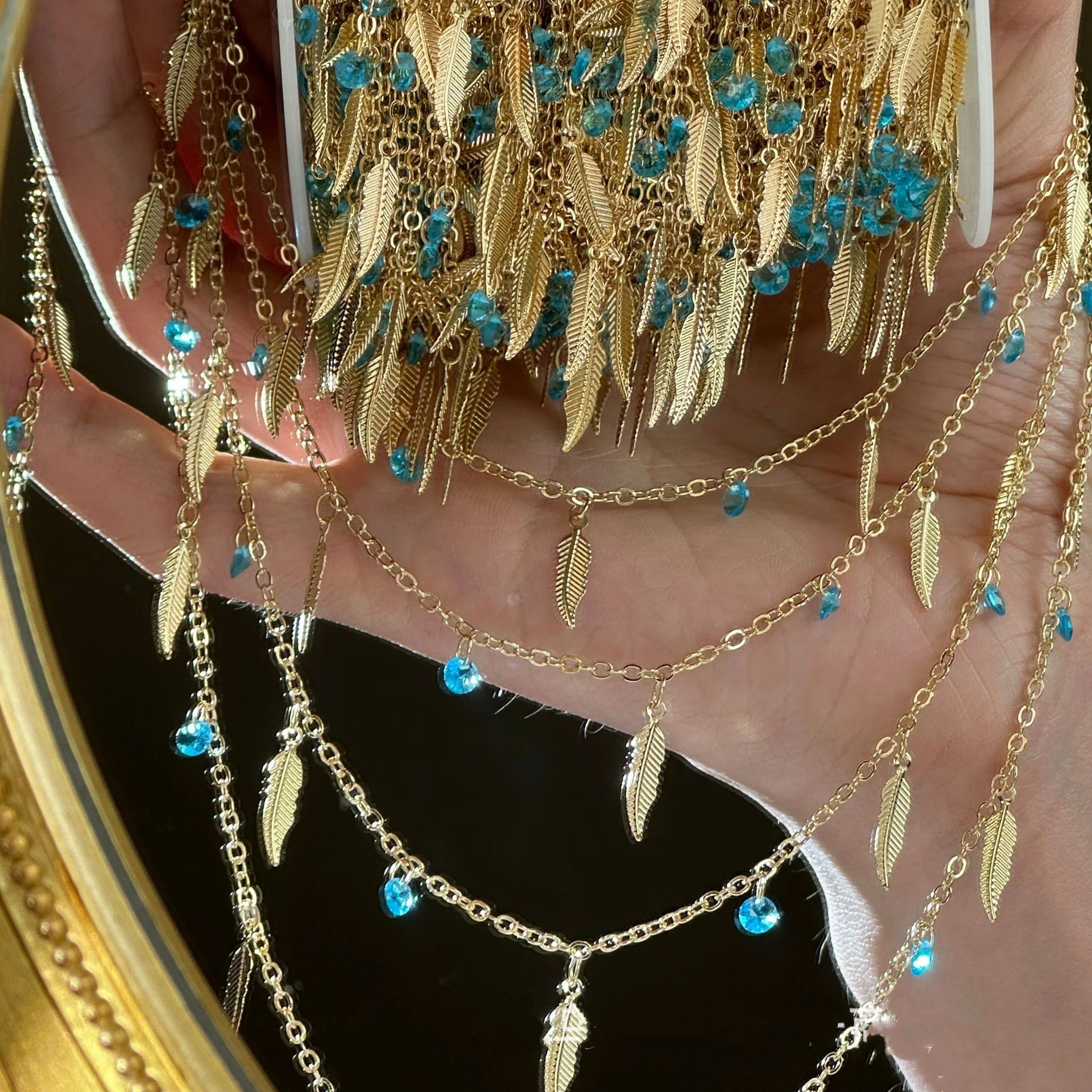 1 Meter 18K Gold Messing Schmuckherstellungskette mit roten Zirkonia-Feder-Anhängern für DIY Halsketten- und Armbandzubehör – Detail 7