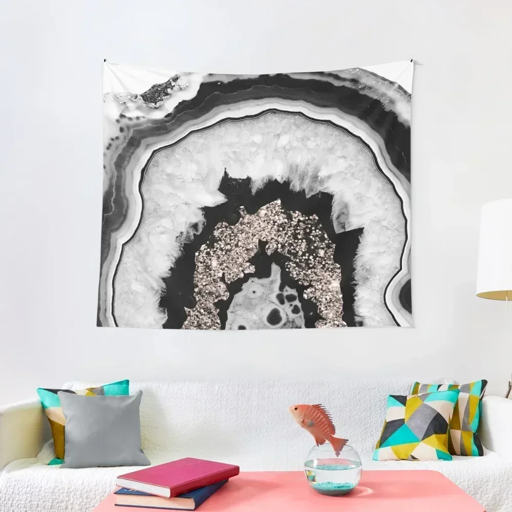 Gray Black White Agate with Rose Gold Glitter #1 (Faux Glitter) #gem #decor #art Tapestry Wall Hanging Decor Tapestry