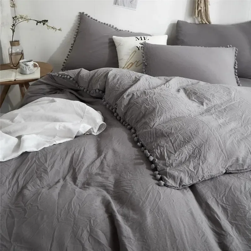 2/3 Pieces/Set Soft Washed Duvet Cover with Pillowcase Bedding Set for Twin Full Queen King Size Cute Pom-pom Decoration