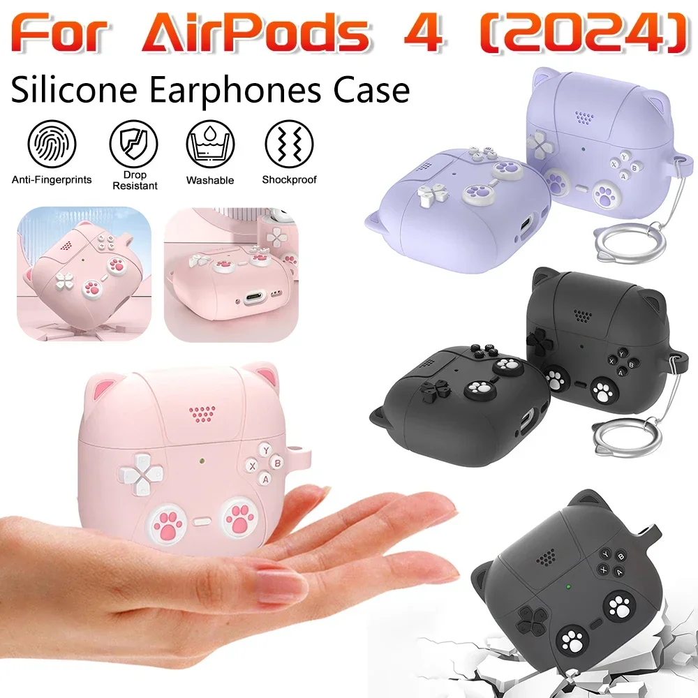 Cute cat paw design Silicone Earphones Case Protective Cover Front LED Visible for Suitable for 2024 AirPods 4 Wireless Earphone