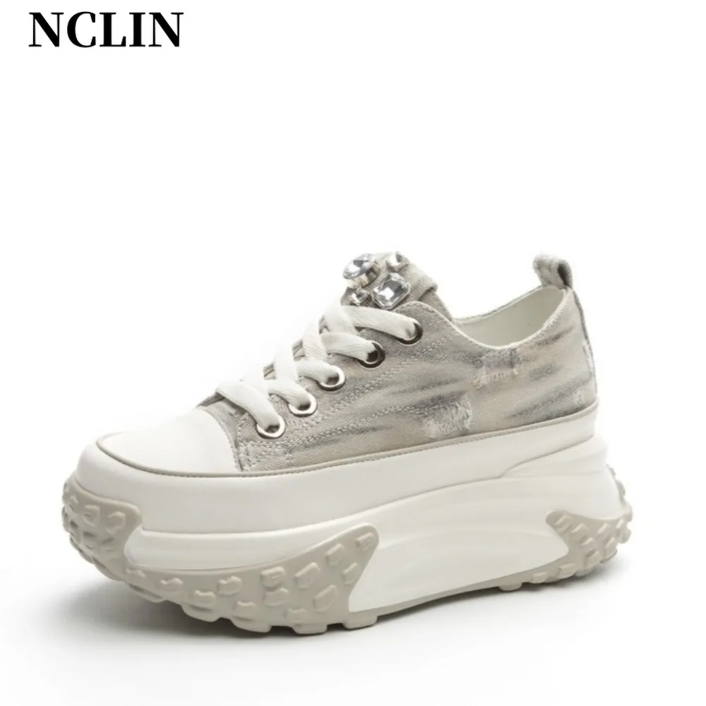 NCLIN Hot Sale Women Sneakers Genuine Leather 2024 Fashion Women Cross Tied Flats Shoes Autumn Platform Working Shoes Woman