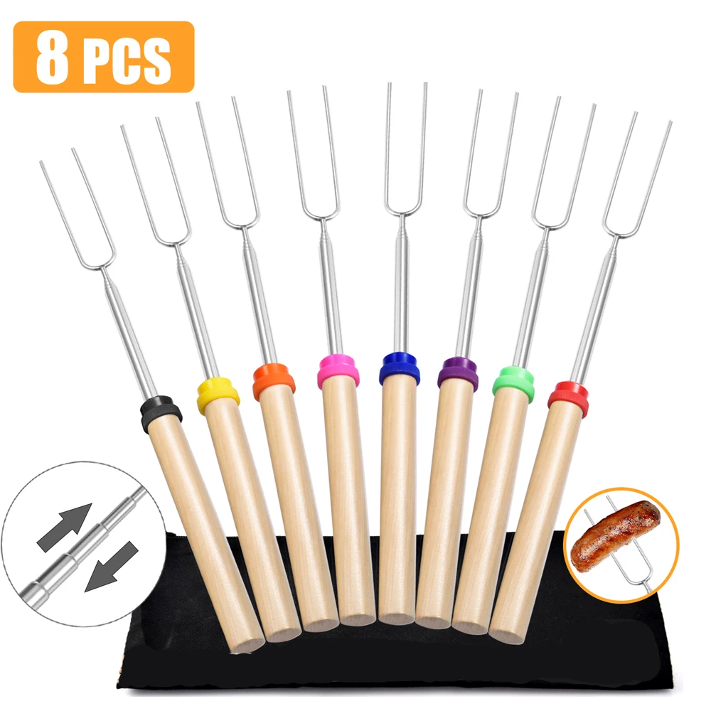 Roasting Sticks 8Pcs Extendable Metal Barbecue Skewers For Grilling Set Telescoping Smores BBQ Forks Fire for Camping Bonfire