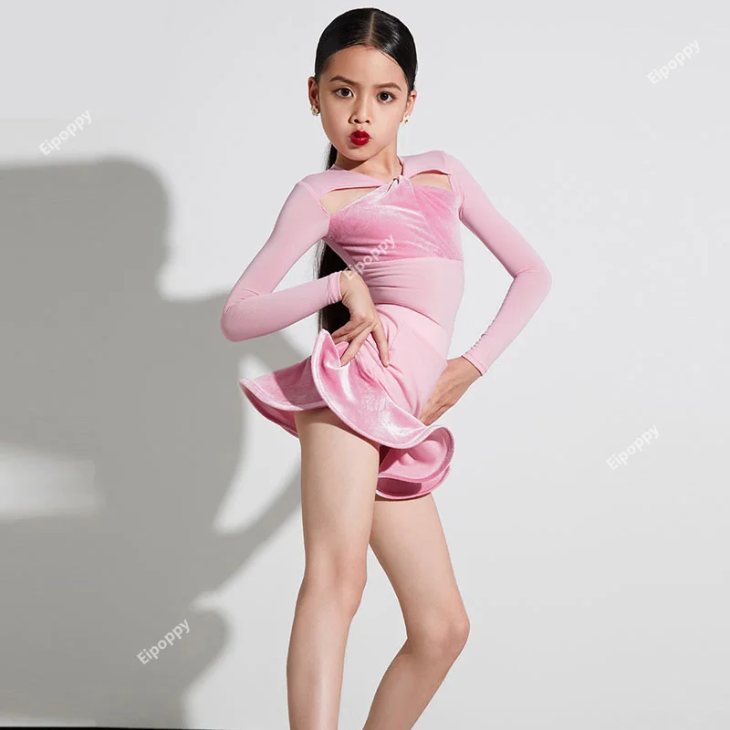 

2024 Latin Dance Practice Suit for Women and Children's Performance Autumn and Winter New Advanced Pink Long sleeved Net Red Set