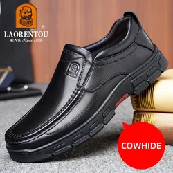 LAORENTOU cowhide breathable business casual leather shoes with thick soles and wear-resistant round toe black leather shoes