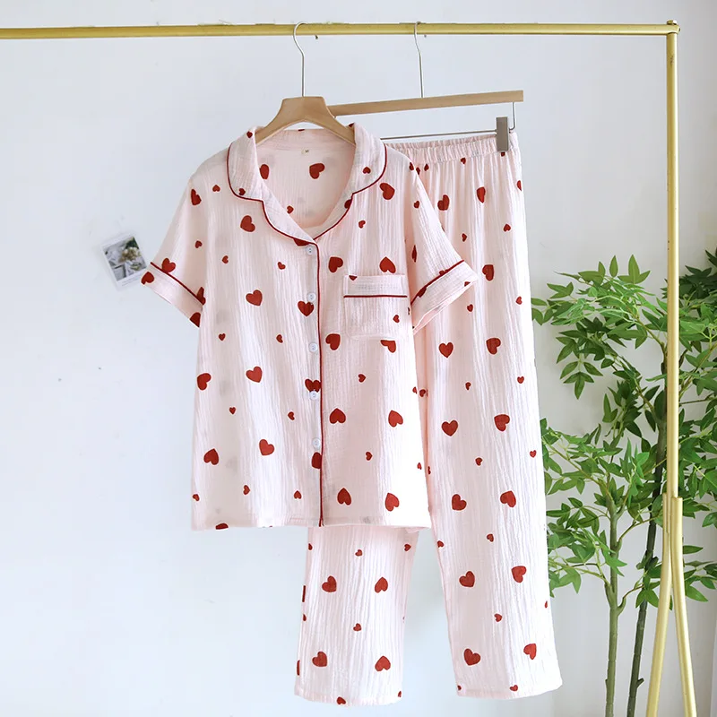 2024 Summer New Women\'s Pajama Set 100% Cotton Crepe Short Sleeve Long Pants Two Piece Love Thin Simple Large Size Home Fury