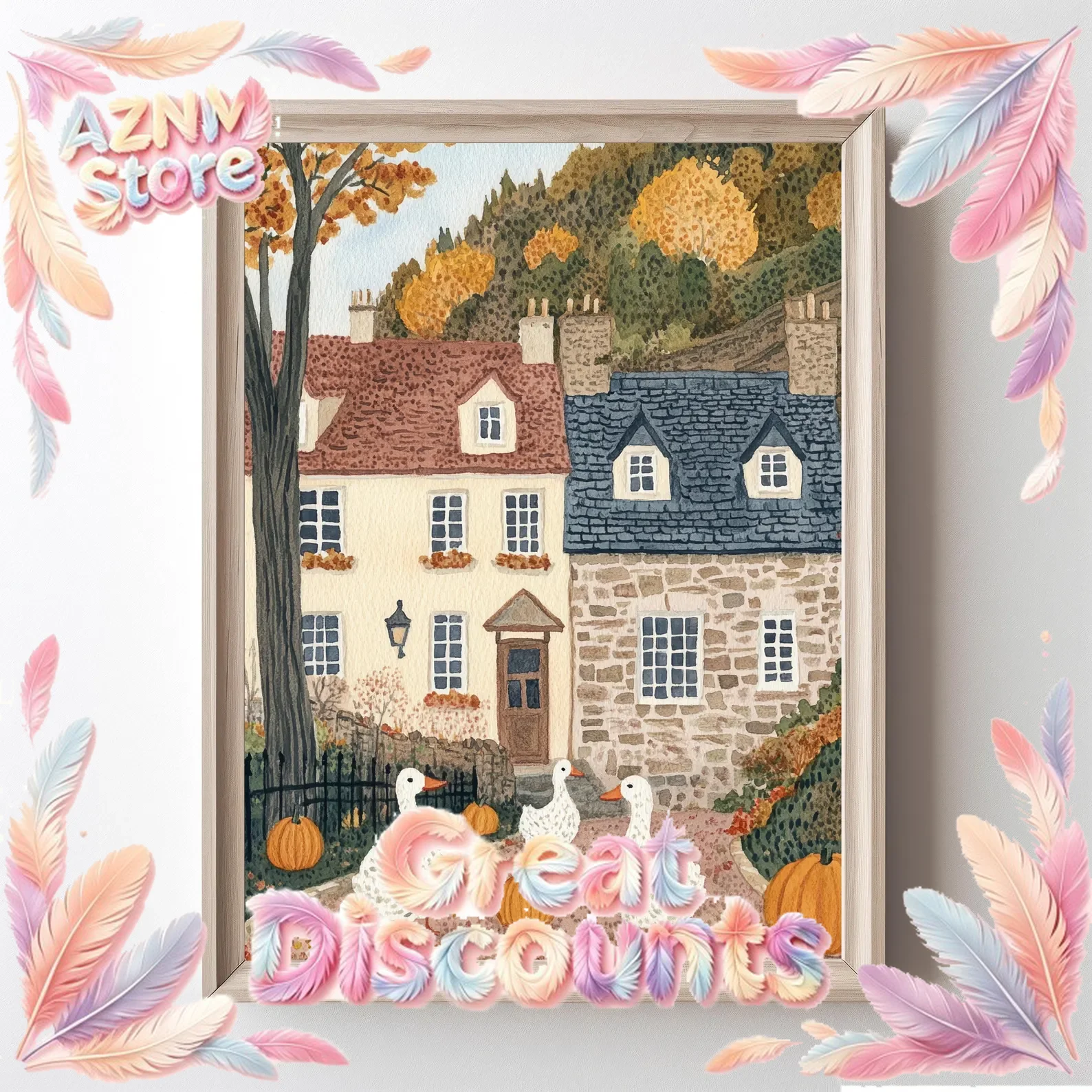 2026 Autumn Village Print Farmhouse Dec Wall Art Duck with Pumpkin Digital Download Fall Pumpkin Printable Cozy Fall Print Rusti