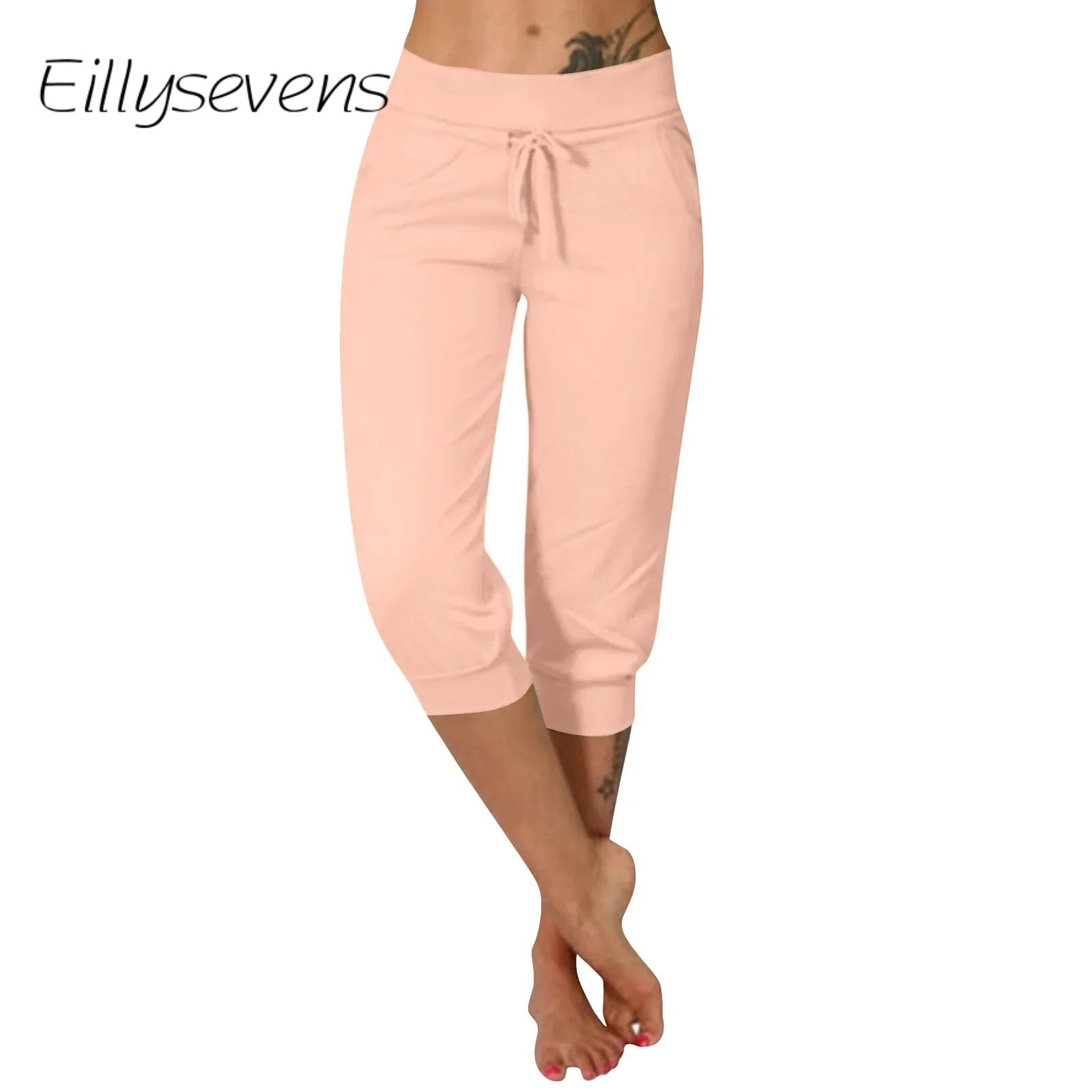 

Pantalones Cropped Trousers For Women Casual Summer New Pants Drawstring Elastic Waist Solid Color Pant With Pockets Fashionable