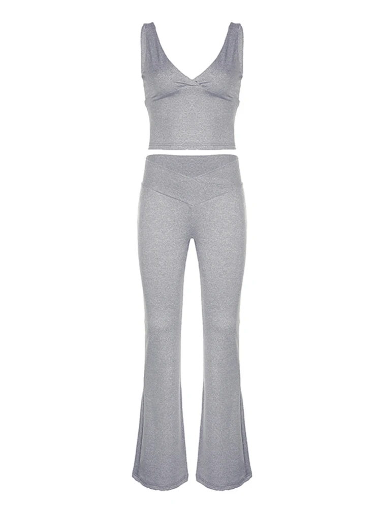 Sweetown Gray Slim Sleeveless V Neck Vest And V Shape Waist Flared Leggings 2 Pieses Pants Sets Womens Summer Baddie Outfits